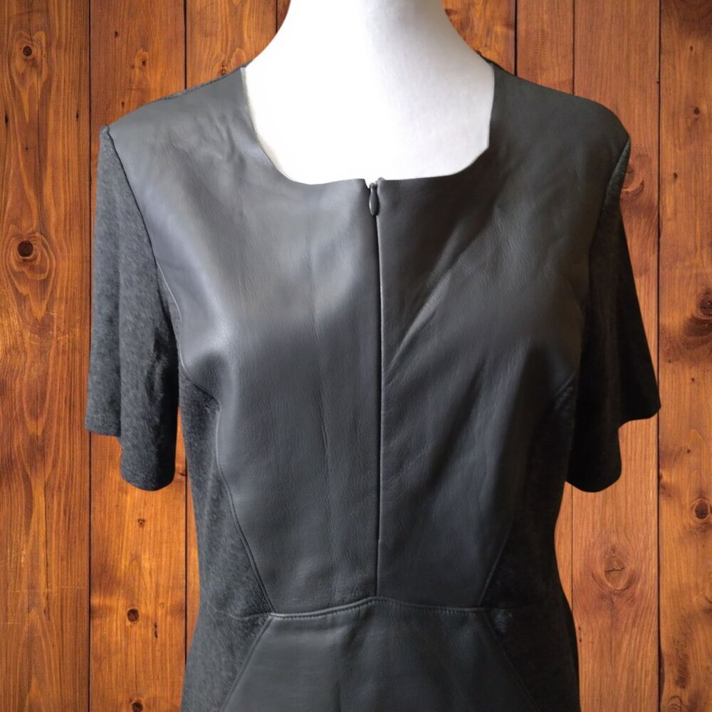 Michael Stars Women's Medium Gray Leather Front Mixed Media Short Sleeve Dress - Picture 4 of 7